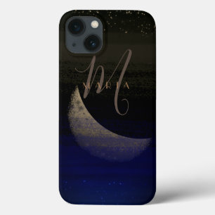 Funda Para iPhone 13 Glamourous Golden Moon Blue Abstract Monograma
