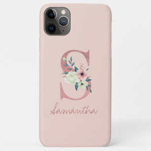 Funda Para iPhone 11 Pro Max Glitter de Flor Rosa Monograma Letra S Rosa Claro