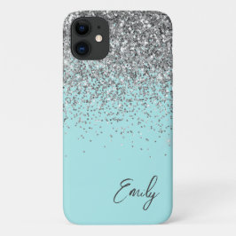 Funda Para iPhone 11 Glitter de Monograma de Plata y Azul Acuático Feme