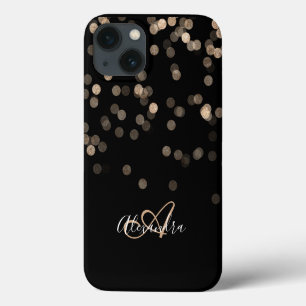 Funda Para iPhone 13 Glitter de Oro Negro Brillante Monograma de Nombre