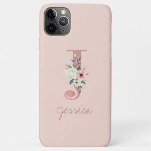 Funda Para iPhone 11 Pro Max Glitter de rosa Monograma Flor Letra J Rosa Claro
