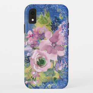 Funda Para iPhone XR Glitter Floral Acuarela Azules Lavanda