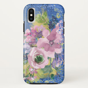 Funda Para iPhone XS Glitter Floral Acuarela Azules Lavanda