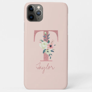 Funda Para iPhone 11 Pro Max Glitter Rosa Flor Monograma Letra T Rosa Claro