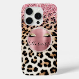 Funda Para iPhone 15 Pro Glitzy Purpurina Rosa Oro Eyelashes Leopardo
