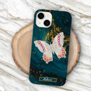 Funda Para iPhone 14 De Case-Mate Gold Blue Acrylic Paint Butterfly Monogram