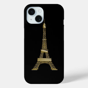 Funda Para iPhone 15 Gold Eiffel Tower French Black