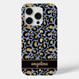 Funda Para iPhone 15 Pro Gold Foil On Blue Leopard Print Monogrammed