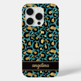 Funda Para iPhone 15 Pro Gold Foil On Teal Leopard Print Monogrammed