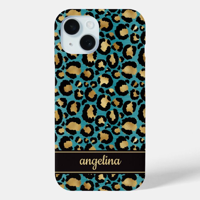 Funda De Case-Mate Para iPhone Gold Foil On Teal Leopard Print Monogrammed (Reverso )