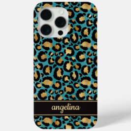 Funda Para iPhone 15 Pro Max Gold Foil On Teal Leopard Print Monogrammed
