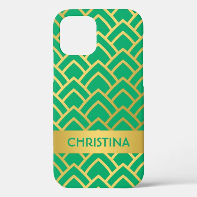 Funda De Case-Mate Para iPhone Gold Green Art Deco Nombre Geométrico Personalizad (Reverso )
