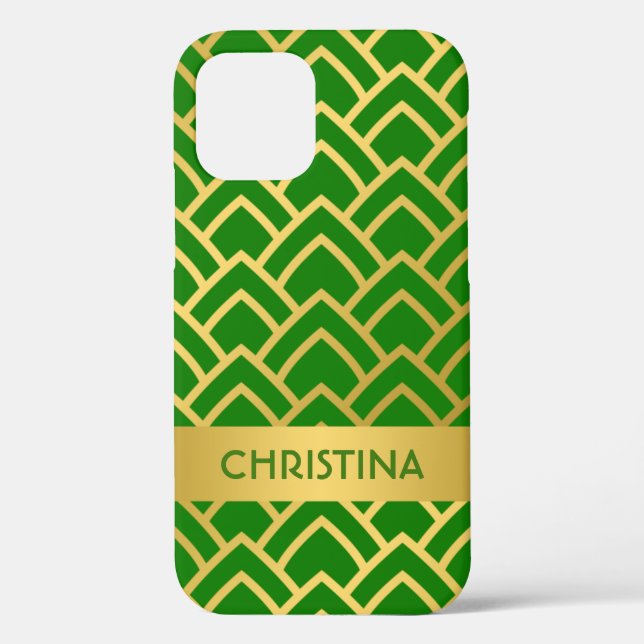 Funda De Case-Mate Para iPhone Gold Green Art Deco Nombre Geométrico Personalizad (Reverso )