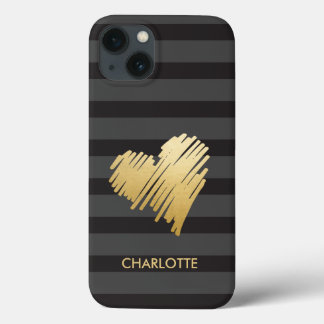 Funda Para iPhone 13 Gold Heart Striped Personalizado