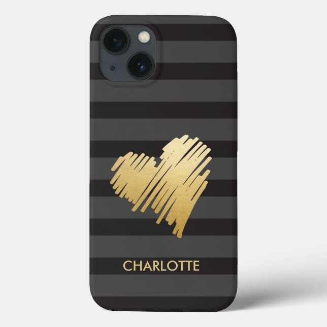 Funda De Case-Mate Para iPhone Gold Heart Striped Personalizado (Reverso)