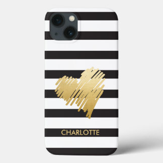 Funda Para iPhone 13 Gold Heart Striped Personalizado
