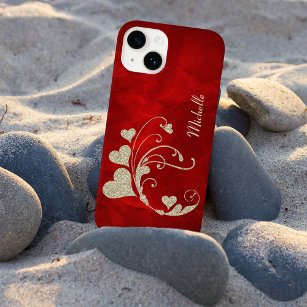Funda Para iPhone 14 De Case-Mate Gold Heart Swirl Faux Purpurina on Red