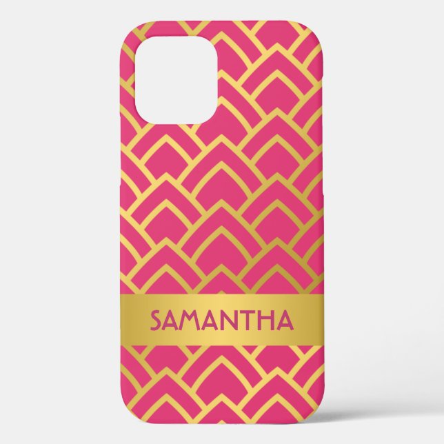 Funda De Case-Mate Para iPhone Gold Hot Pink Art Deco Nombre Geométrico Personali (Reverso )