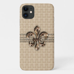 Funda Para iPhone 11 Golden Fleur De Lis con el patrón de damasco crema