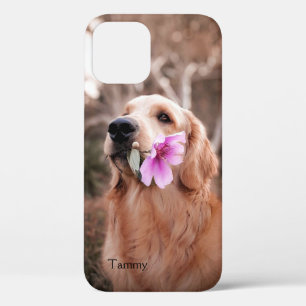Funda Para iPhone 12 Golden Retriever con Flor personalizada