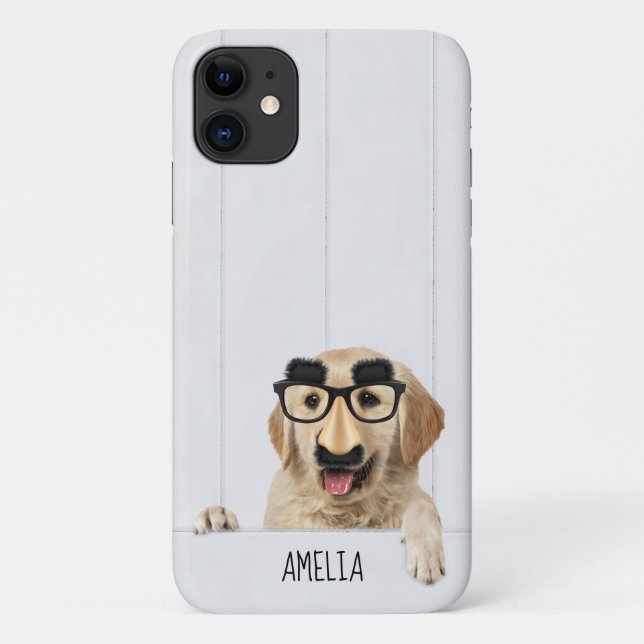 Funda De Case-Mate Para iPhone Golden Retriever con gafas en madera blanca (Reverso)
