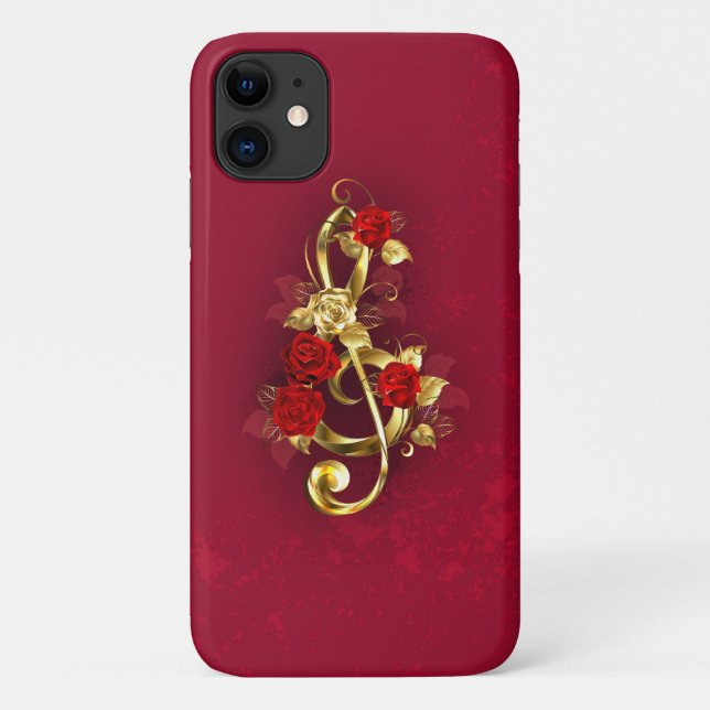 Funda De Case-Mate Para iPhone Golden Treble Clef con flores Rosas (Reverso)