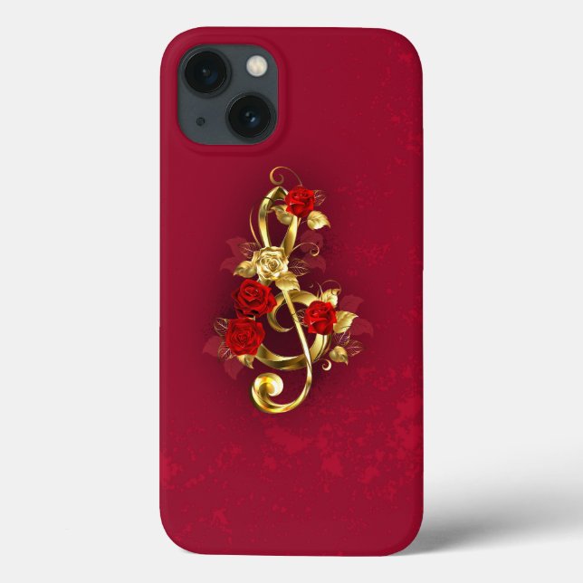 Funda De Case-Mate Para iPhone Golden Treble Clef con flores Rosas (Reverso)
