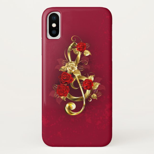 Funda De Case-Mate Para iPhone Golden Treble Clef con flores Rosas (Reverso)
