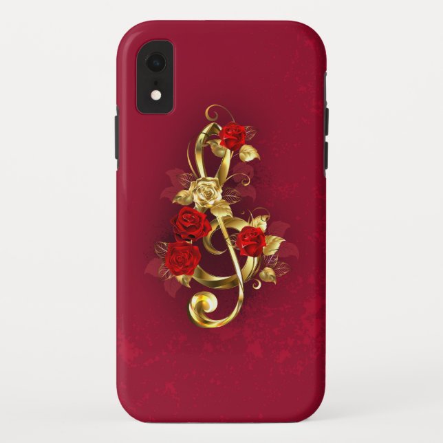 Funda De Case-Mate Para iPhone Golden Treble Clef con flores Rosas (Reverso)
