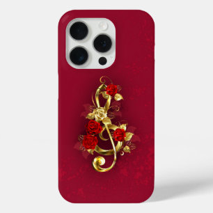 Funda Para iPhone 15 Pro Golden Treble Clef con flores Rosas