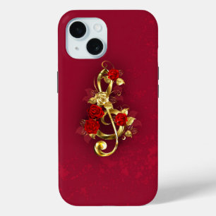 Funda Para iPhone 15 Golden Treble Clef con flores Rosas