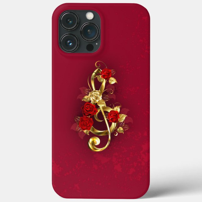 Funda De Case-Mate Para iPhone Golden Treble Clef con flores Rosas (Reverso )