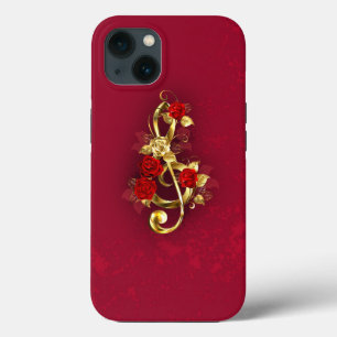 Funda Para iPhone 13 Golden Treble Clef con flores Rosas