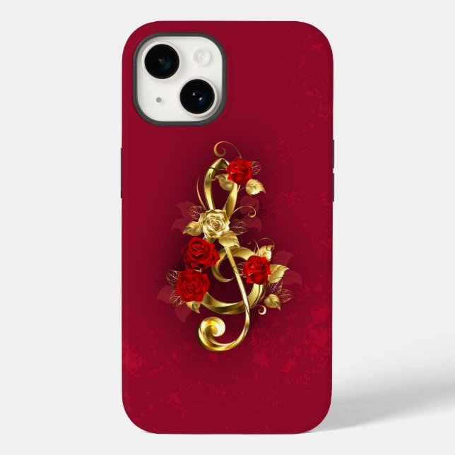 Funda De Case-Mate Para iPhone Golden Treble Clef con flores Rosas (Reverso )