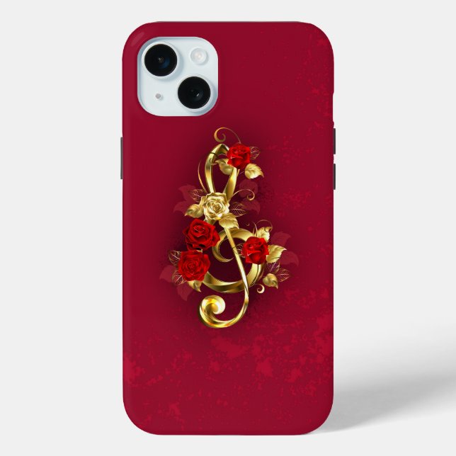 Funda De Case-Mate Para iPhone Golden Treble Clef con flores Rosas (Reverso )