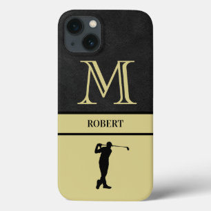 Funda Para iPhone 13 Golf Guy Black Leather Textura Monograma Nombre