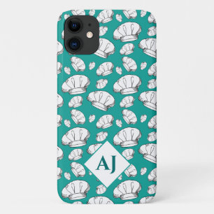 Funda Para iPhone 11 Gorras del chef blanco y monograma sobre azul Verd