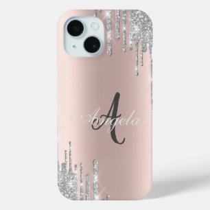 Funda Para iPhone 15 Gotas de brillo plateado moderno, dorado rosa, Mon
