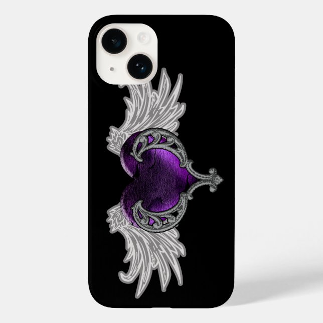 Funda De Case-Mate Para iPhone Gótico Corazón púrpura con alas ángel (Reverso )