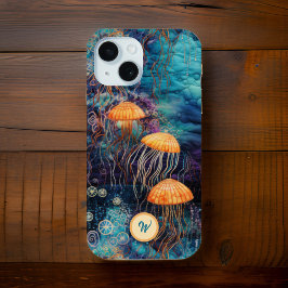 Funda Para iPhone 15 GracefJellyfish dorado en el océano con Monograma 