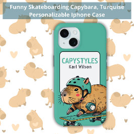 Funda Para iPhone 15 Gracioso Skateboarding Capybara Turquise