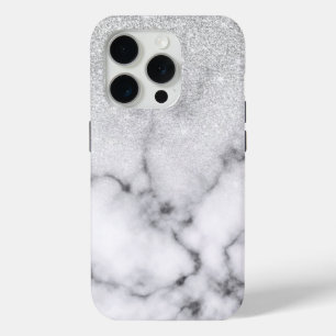 Funda Para iPhone 15 Pro Gradiente de mármol Purpurina blanco plateado glam