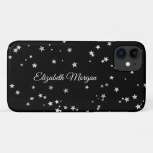 Funda Para iPhone 11 Grandes Estrellas de Plata sobre Negro, Nombre en