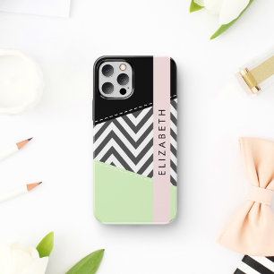 Funda Para iPhone 12 Pro Gray Zigzag, Gray Chevron, Mint, Su Nombre