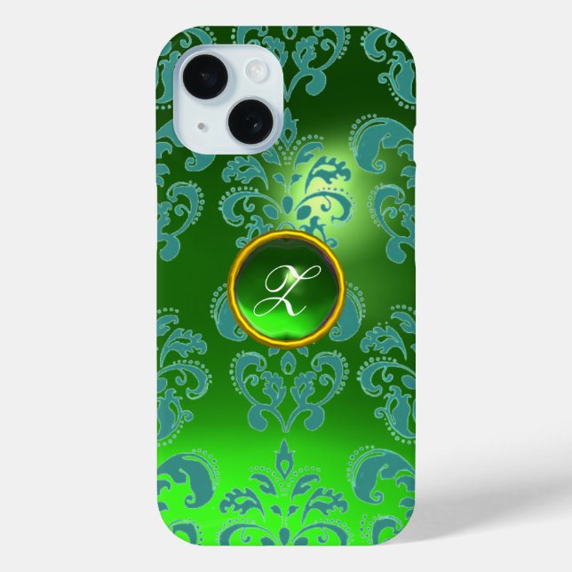 FUNDA DE Case-Mate PARA iPhone GREEN AZUL DAMASK EMERALD GEMSTONE MONOGRAM (Reverso )
