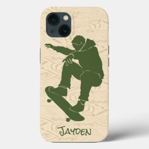 Funda Para iPhone 13 Green, Faux Woodgrain Skateboarder