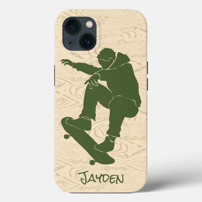 Funda De Case-Mate Para iPhone Green, Faux Woodgrain Skateboarder (Reverso )