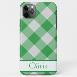 Funda Para iPhone 11 Pro Max Green Gingham Simple Name Minimalist