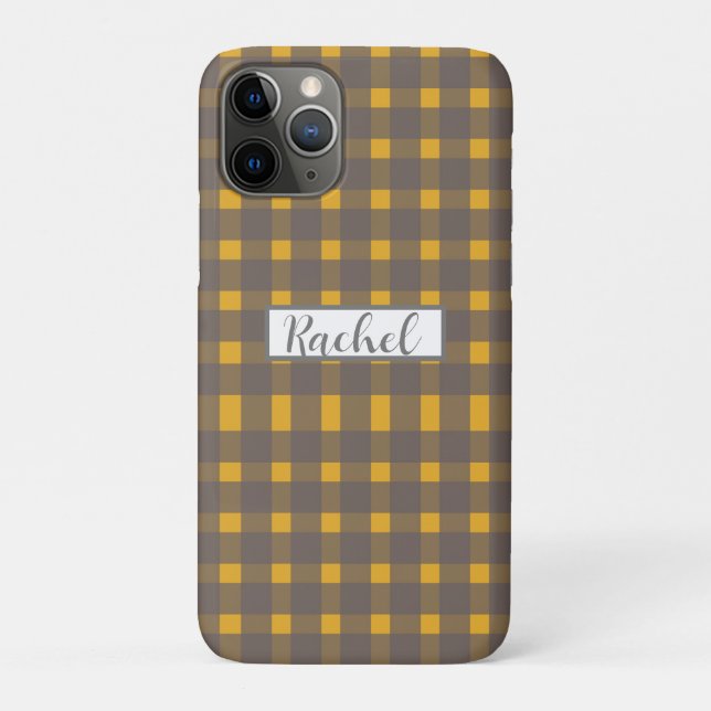 Funda De Case-Mate Para iPhone Gris amarillo Gingham personalizado (Reverso)