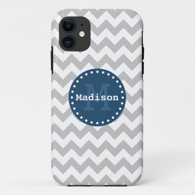 Funda De Case-Mate Para iPhone Gris Blue Chevron Zigzag Monograma (Reverso)